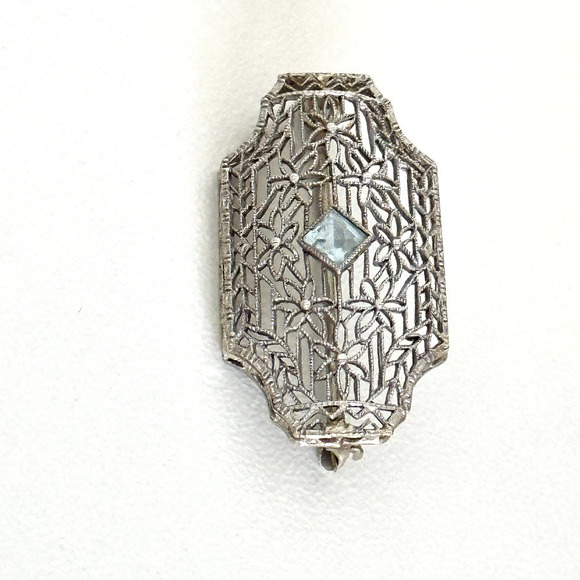 Antique 14K Solid White Gold Aquamarine Intricate Floral Detail Bar Brooch Pin - Picture 10 of 10